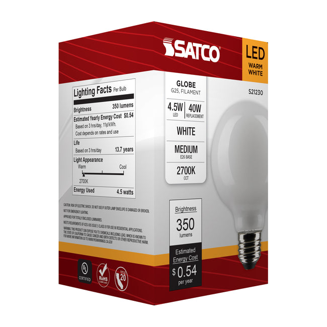 Satco 4.5W (40W Equivalent) G25 Globe LED Filament Bulb, E26 Medium Base, 2700K, 90+ CRI, Dimmable, Wet Rated, White / Single (Box), alternate view [Satco-S21230|CUSTOM|4]