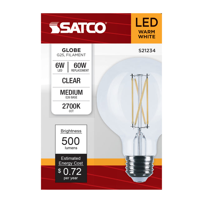 Satco 6W (60W Equivalent) G25 Globe LED Filament Bulb, E26 Medium Base, 2700K, 90+ CRI, Dimmable, Wet Rated, Clear / Single (Box), alternate view [Satco-S21234|CUSTOM|3]