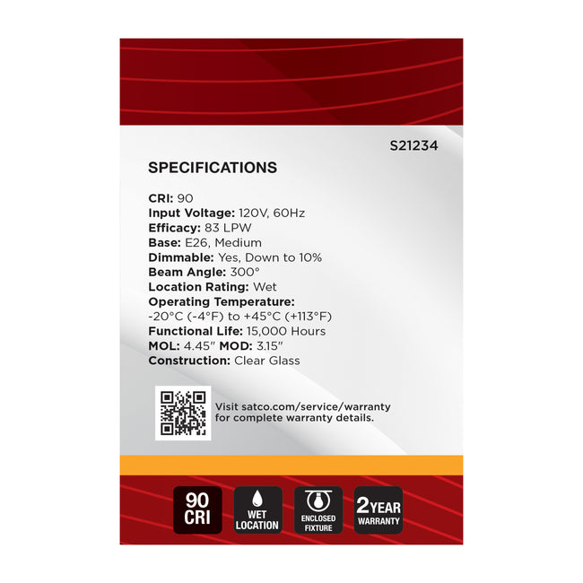 Satco 6W (60W Equivalent) G25 Globe LED Filament Bulb, E26 Medium Base, 2700K, 90+ CRI, Dimmable, Wet Rated, Clear / Single (Box), alternate view [Satco-S21234|CUSTOM|5]