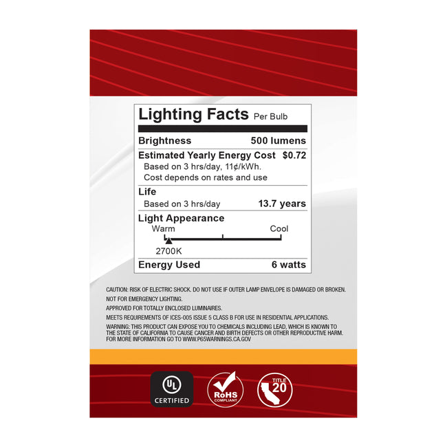 Satco 6W (60W Equivalent) G25 Globe LED Filament Bulb, E26 Medium Base, 2700K, 90+ CRI, Dimmable, Wet Rated, Clear / Single (Box), alternate view [Satco-S21234|CUSTOM|6]