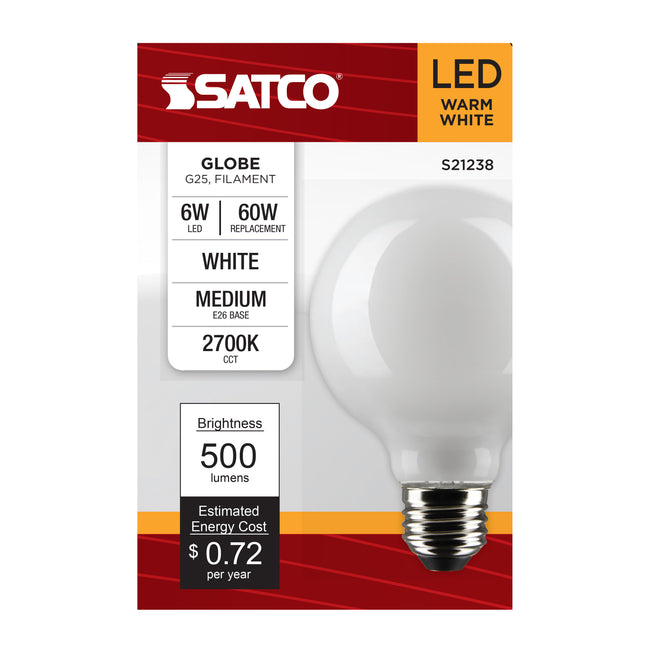 Satco 6W (60W Equivalent) G25 Globe LED Filament Bulb, E26 Medium Base, 2700K, 90+ CRI, Dimmable, Wet Rated, White / Single (Box), alternate view [Satco-S21238|CUSTOM|2]