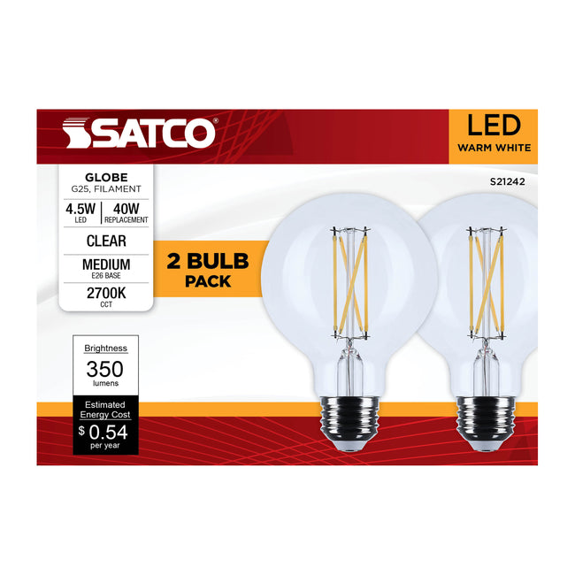 Satco 4.5W (40W Equivalent) G25 Globe LED Filament Bulb, E26 Medium Base, 2700K, 90+ CRI, Dimmable, Wet Rated, Clear / 2-Pack (Box), alternate view [Satco-S21242|CUSTOM|2]