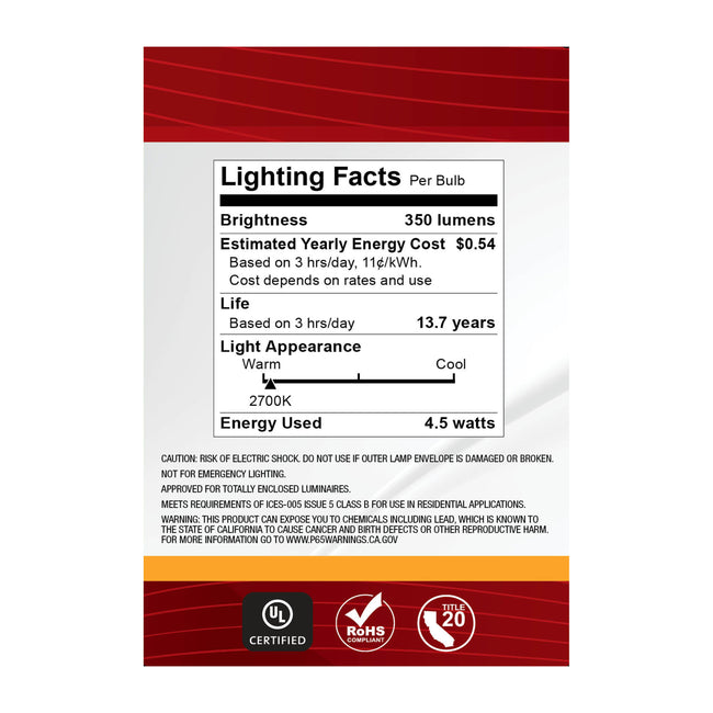 Satco 4.5W (40W Equivalent) G25 Globe LED Filament Bulb, E26 Medium Base, 2700K, 90+ CRI, Dimmable, Wet Rated, Clear / 2-Pack (Box), alternate view [Satco-S21242|CUSTOM|5]
