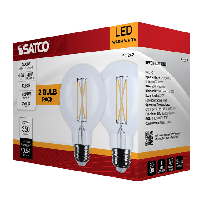 Satco 4.5W (40W Equivalent) G25 Globe LED Filament Bulb, E26 Medium Base, 2700K, 90+ CRI, Dimmable, Wet Rated, Clear / 2-Pack (Box), alternate view [Satco-S21242|CUSTOM|6]