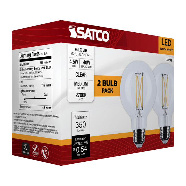 Satco 4.5W (40W Equivalent) G25 Globe LED Filament Bulb, E26 Medium Base, 2700K, 90+ CRI, Dimmable, Wet Rated, Clear / 2-Pack (Box), alternate view [Satco-S21242|CUSTOM|7]