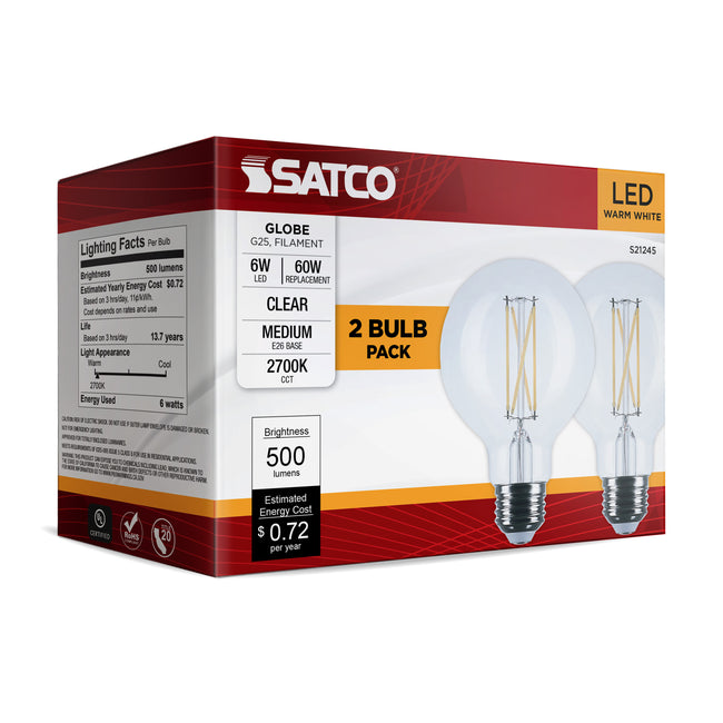 Satco 6W (60W Equivalent) G25 Globe LED Filament Bulb, E26 Medium Base, 2700K, 90+ CRI, Dimmable, Wet Rated, Clear / 2-Pack (Box), alternate view [Satco-S21245|CUSTOM|6]