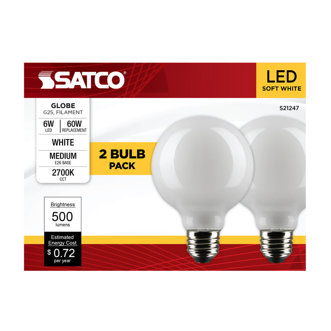 Satco 6W (60W Equivalent) G25 Globe LED Filament Bulb, E26 Medium Base, 2700K, 90+ CRI, Dimmable, Wet Rated, White / 2-Pack (Box), alternate view [Satco-S21247|CUSTOM|2]