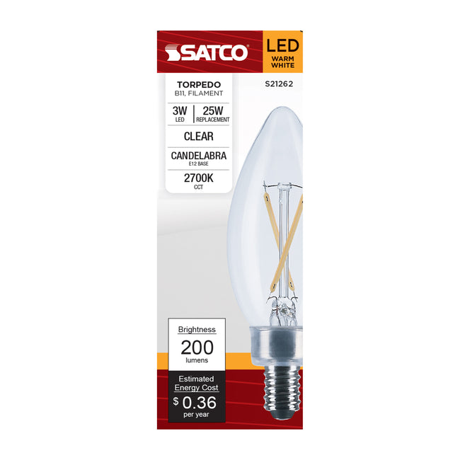 Satco 3W (25W Equivalent) B11 Torpedo LED Filament Bulb, E12 Candelabra Base, 2700K, 90+ CRI, Dimmable, Wet Rated, Clear / Single (Box), alternate view [Satco-S21262|CUSTOM|2]