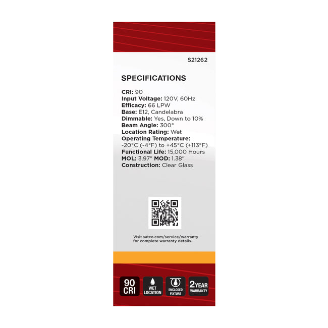 Satco 3W (25W Equivalent) B11 Torpedo LED Filament Bulb, E12 Candelabra Base, 2700K, 90+ CRI, Dimmable, Wet Rated, Clear / Single (Box), alternate view [Satco-S21262|CUSTOM|4]