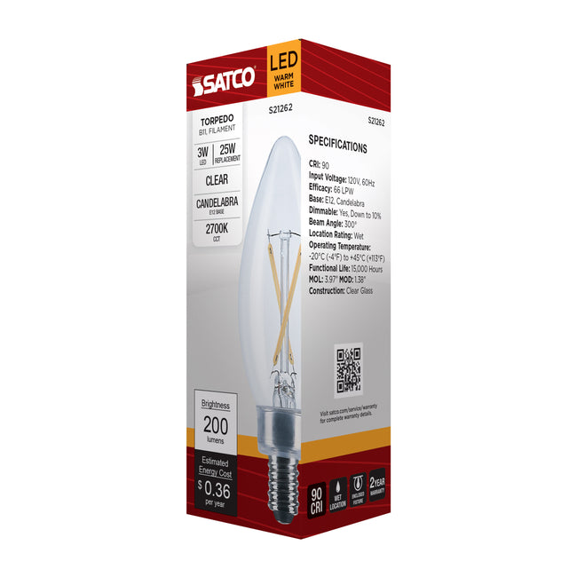 Satco 3W (25W Equivalent) B11 Torpedo LED Filament Bulb, E12 Candelabra Base, 2700K, 90+ CRI, Dimmable, Wet Rated, Clear / Single (Box), alternate view [Satco-S21262|CUSTOM|6]