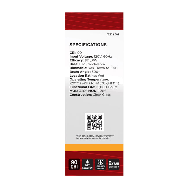 Satco 4W (40W Equivalent) B11 Torpedo LED Filament Bulb, E12 Candelabra Base, 2700K, 90+ CRI, Dimmable, Wet Rated, Clear / Single, alternate view [Satco-S21264|CUSTOM|7]