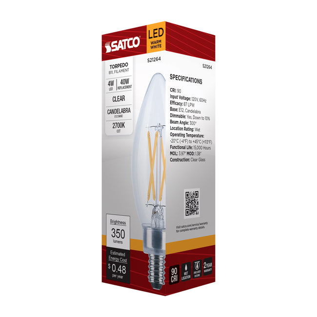 Satco 4W (40W Equivalent) B11 Torpedo LED Filament Bulb, E12 Candelabra Base, 2700K, 90+ CRI, Dimmable, Wet Rated, Clear / Single, alternate view [Satco-S21264|CUSTOM|9]