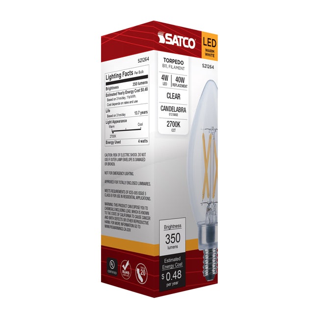 Satco 4W (40W Equivalent) B11 Torpedo LED Filament Bulb, E12 Candelabra Base, 2700K, 90+ CRI, Dimmable, Wet Rated, Clear / Single, alternate view [Satco-S21264|CUSTOM|10]