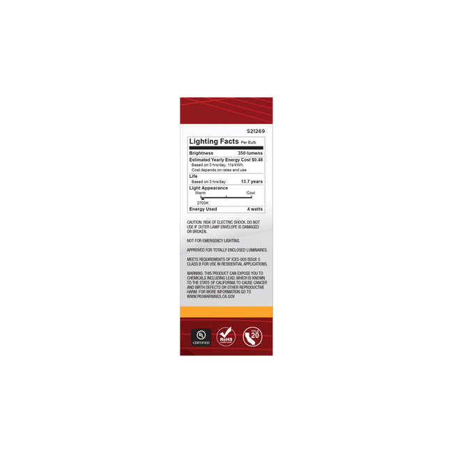 Satco 4W (40W Equivalent) B11 Torpedo LED Filament Bulb, E12 Candelabra Base, 2700K, 90+ CRI, Dimmable, Wet Rated, Frost / Single, alternate view [Satco-S21269|CUSTOM|3]