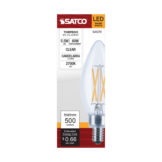 Satco 5.5W (60W Equivalent) B11 Torpedo LED Filament Bulb, E12 Candelabra Base, 2700K, 90+ CRI, Dimmable, Wet Rated, Clear / Single (Box), alternate view [Satco-S21273|CUSTOM|2]