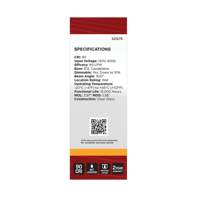 Satco 5.5W (60W Equivalent) B11 Torpedo LED Filament Bulb, E12 Candelabra Base, 2700K, 90+ CRI, Dimmable, Wet Rated, Clear / Single (Box), alternate view [Satco-S21273|CUSTOM|4]