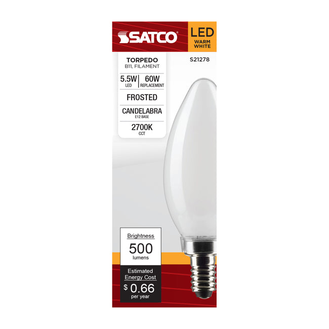 Satco 5.5W (60W Equivalent) B11 Torpedo LED Filament Bulb, E12 Candelabra Base, 2700K, 90+ CRI, Dimmable, Wet Rated, Frost / Single (Box), alternate view [Satco-S21278|CUSTOM|2]
