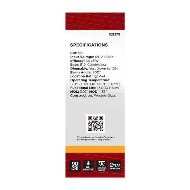 Satco 5.5W (60W Equivalent) B11 Torpedo LED Filament Bulb, E12 Candelabra Base, 2700K, 90+ CRI, Dimmable, Wet Rated, Frost / Single (Box), alternate view [Satco-S21278|CUSTOM|4]