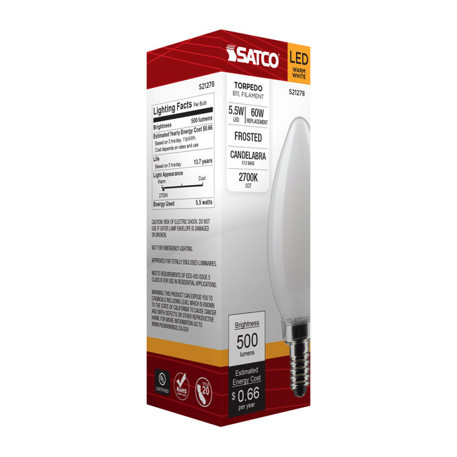 Satco 5.5W (60W Equivalent) B11 Torpedo LED Filament Bulb, E12 Candelabra Base, 2700K, 90+ CRI, Dimmable, Wet Rated, Frost / Single (Box), alternate view [Satco-S21278|CUSTOM|7]