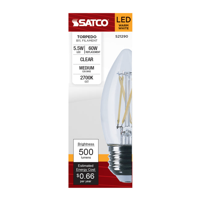 Satco 5.5W (60W Equivalent) B11 Torpedo LED Filament Bulb, E26 Medium Base, 2700K, 90+ CRI, Dimmable, Wet Rated, Clear / Single (Box), alternate view [Satco-S21290|CUSTOM|4]