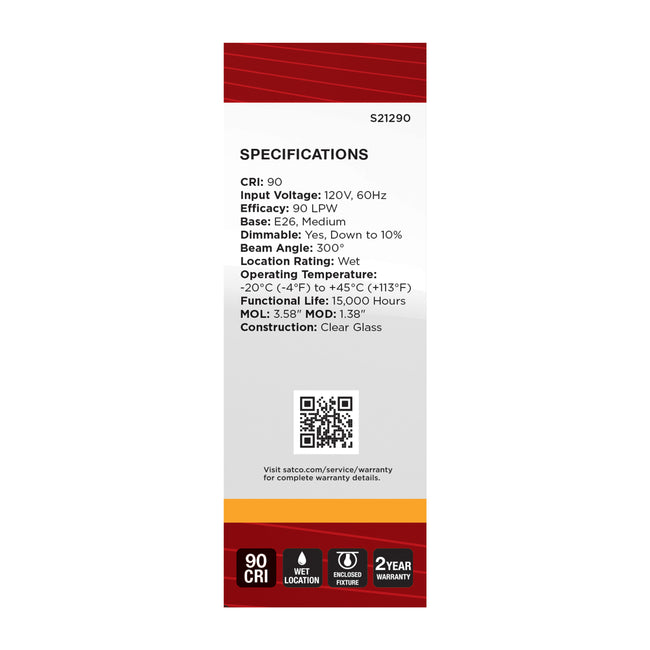 Satco 5.5W (60W Equivalent) B11 Torpedo LED Filament Bulb, E26 Medium Base, 2700K, 90+ CRI, Dimmable, Wet Rated, Clear / Single (Box), alternate view [Satco-S21290|CUSTOM|6]
