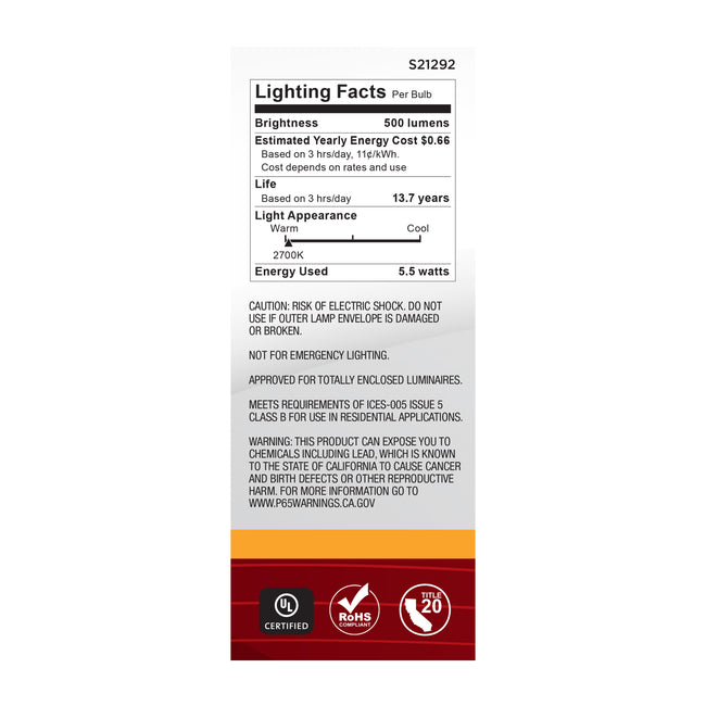 Satco 5.5W (60W Equivalent) B11 Torpedo LED Filament Bulb, E26 Medium Base, 2700K, 90+ CRI, Dimmable, Wet Rated, Frost / Single (Box), alternate view [Satco-S21292|CUSTOM|2]
