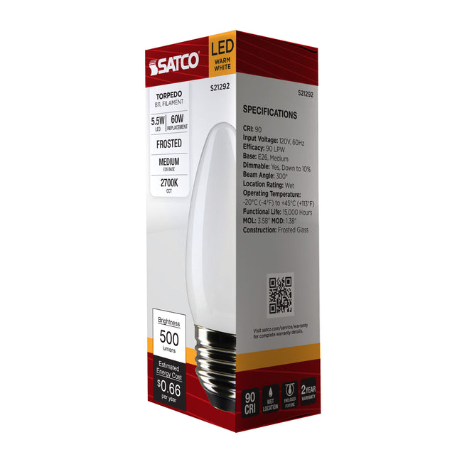Satco 5.5W (60W Equivalent) B11 Torpedo LED Filament Bulb, E26 Medium Base, 2700K, 90+ CRI, Dimmable, Wet Rated, Frost / Single (Box), alternate view [Satco-S21292|CUSTOM|5]