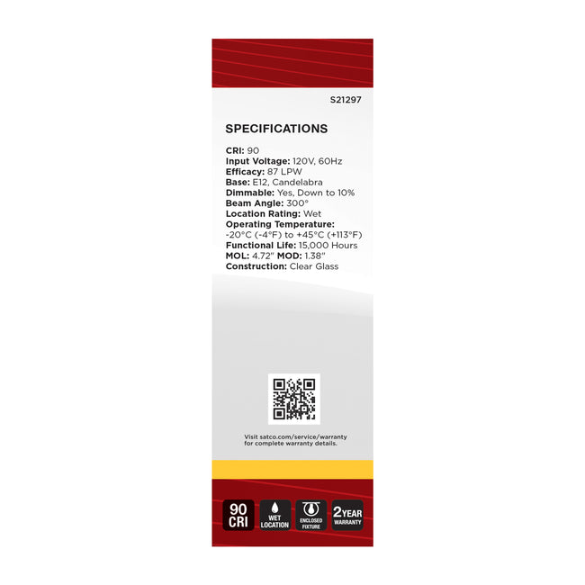 Satco 4W (40W Equivalent) CA10 Flame Tip LED Filament Bulb, E12 Candelabra Base, 3000K, 90+ CRI, Dimmable, Wet Rated, Clear / Single (Box), alternate view [Satco-S21297|CUSTOM|4]
