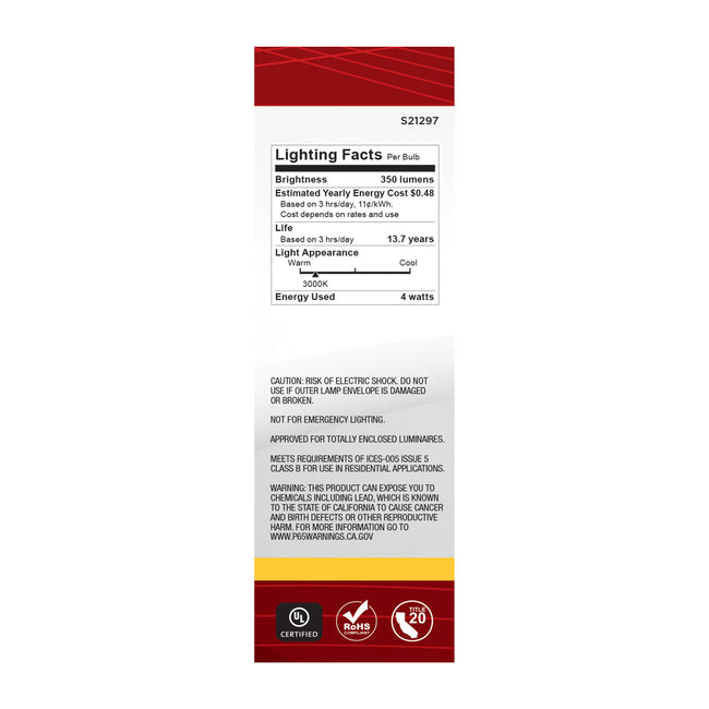 Satco 4W (40W Equivalent) CA10 Flame Tip LED Filament Bulb, E12 Candelabra Base, 3000K, 90+ CRI, Dimmable, Wet Rated, Clear / Single (Box), alternate view [Satco-S21297|CUSTOM|5]