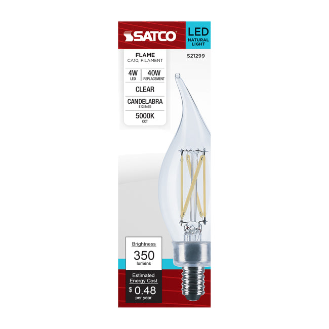 Satco 4W (40W Equivalent) CA10 Flame Tip LED Filament Bulb, E12 Candelabra Base, 5000K, 90+ CRI, Dimmable, Wet Rated, Clear / Single (Box), alternate view [Satco-S21299|CUSTOM|3]