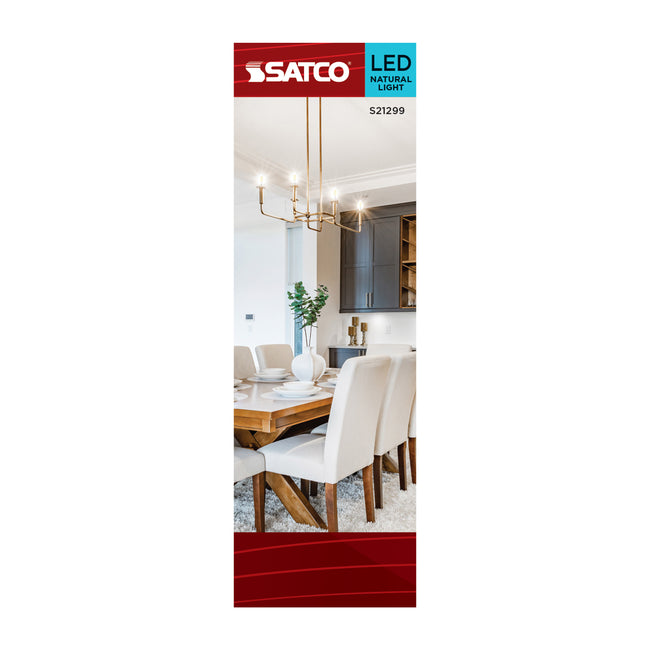 Satco 4W (40W Equivalent) CA10 Flame Tip LED Filament Bulb, E12 Candelabra Base, 5000K, 90+ CRI, Dimmable, Wet Rated, Clear / Single (Box), alternate view [Satco-S21299|CUSTOM|4]