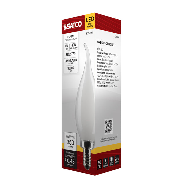 Satco 4W (40W Equivalent) CA10 Flame Tip LED Filament Bulb, E12 Candelabra Base, 3000K, 90+ CRI, Dimmable, Wet Rated, Frost / Single (Box), alternate view [Satco-S21301|CUSTOM|1]