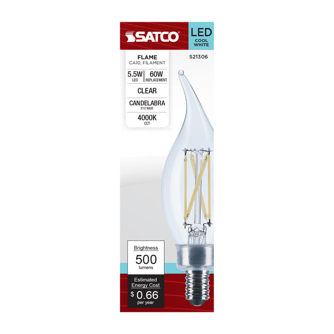 Satco 5.5W (60W Equivalent) CA10 Flame Tip LED Filament Bulb, E12 Candelabra Base, 4000K, 90+ CRI, Dimmable, Wet Rated, Clear, alternate view [Satco-S21306|CUSTOM|2]