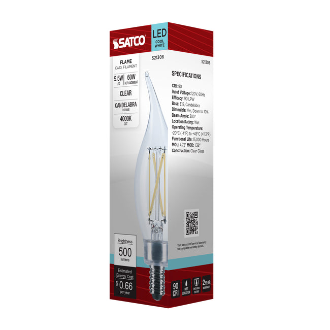 Satco 5.5W (60W Equivalent) CA10 Flame Tip LED Filament Bulb, E12 Candelabra Base, 4000K, 90+ CRI, Dimmable, Wet Rated, Clear, alternate view [Satco-S21306|CUSTOM|6]