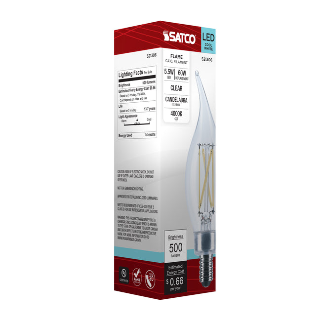 Satco 5.5W (60W Equivalent) CA10 Flame Tip LED Filament Bulb, E12 Candelabra Base, 4000K, 90+ CRI, Dimmable, Wet Rated, Clear, alternate view [Satco-S21306|CUSTOM|7]
