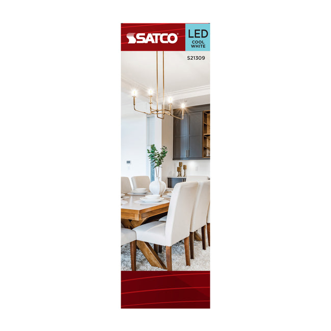 Satco 5.5W (60W Equivalent) CA10 Flame Tip LED Filament Bulb, E12 Candelabra Base, 4000K, 90+ CRI, Dimmable, Wet Rated, Frost, alternate view [Satco-S21309|CUSTOM|2]
