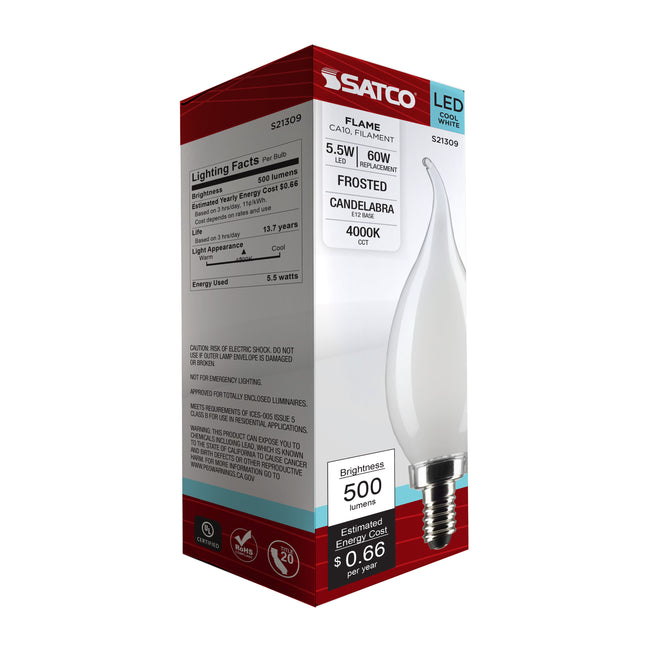 Satco 5.5W (60W Equivalent) CA10 Flame Tip LED Filament Bulb, E12 Candelabra Base, 4000K, 90+ CRI, Dimmable, Wet Rated, Frost, alternate view [Satco-S21309|CUSTOM|5]