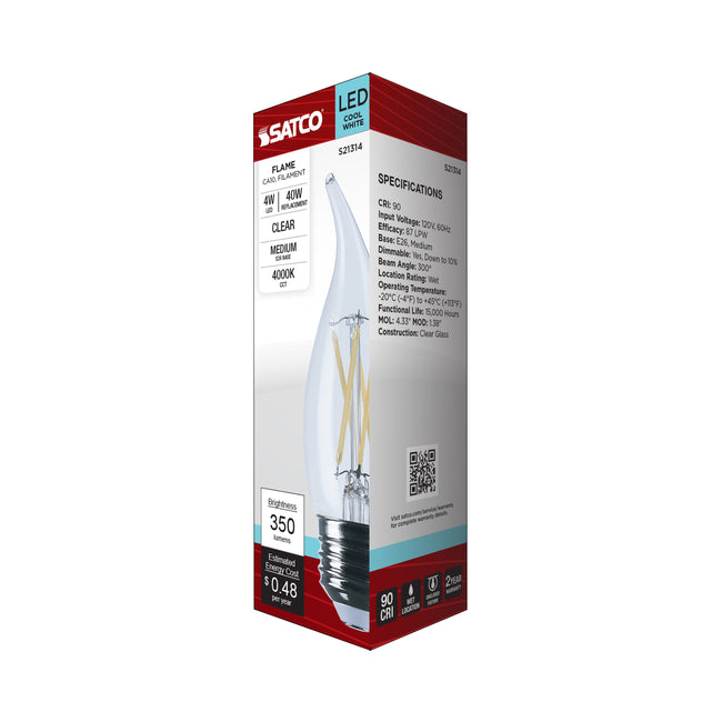 Satco 4W (40W Equivalent) CA10 Flame Tip LED Filament Bulb, E26 Medium Base, 4000K, 90+ CRI, Dimmable, Wet Rated, Clear, alternate view [Satco-S21314|CUSTOM|4]