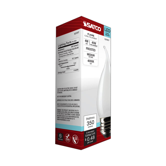 Satco 4W (40W Equivalent) CA10 Flame Tip LED Filament Bulb, E26 Medium Base, 4000K, 90+ CRI, Dimmable, Wet Rated, Frost, alternate view [Satco-S21317|CUSTOM|1]