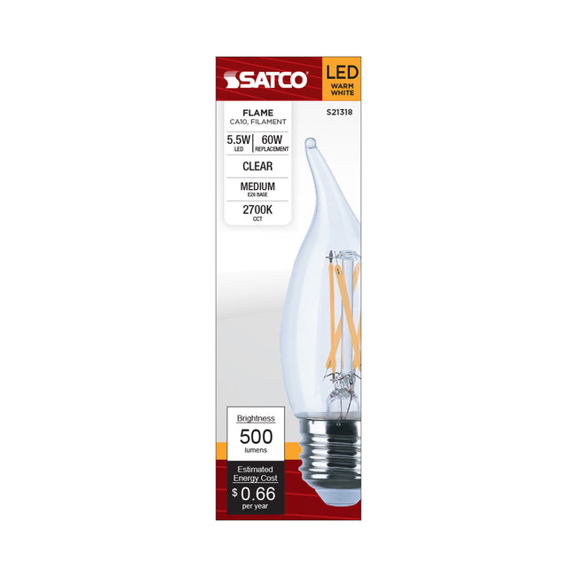 Satco 5.5W (60W Equivalent) CA10 Flame Tip LED Filament Bulb, E26 Medium Base, 2700K, 90+ CRI, Dimmable, Wet Rated, Clear / Single (Box), alternate view [Satco-S21318|CUSTOM|3]