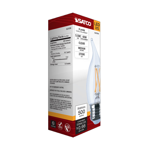 Satco 5.5W (60W Equivalent) CA10 Flame Tip LED Filament Bulb, E26 Medium Base, 2700K, 90+ CRI, Dimmable, Wet Rated, Clear / Single (Box), alternate view [Satco-S21318|CUSTOM|7]