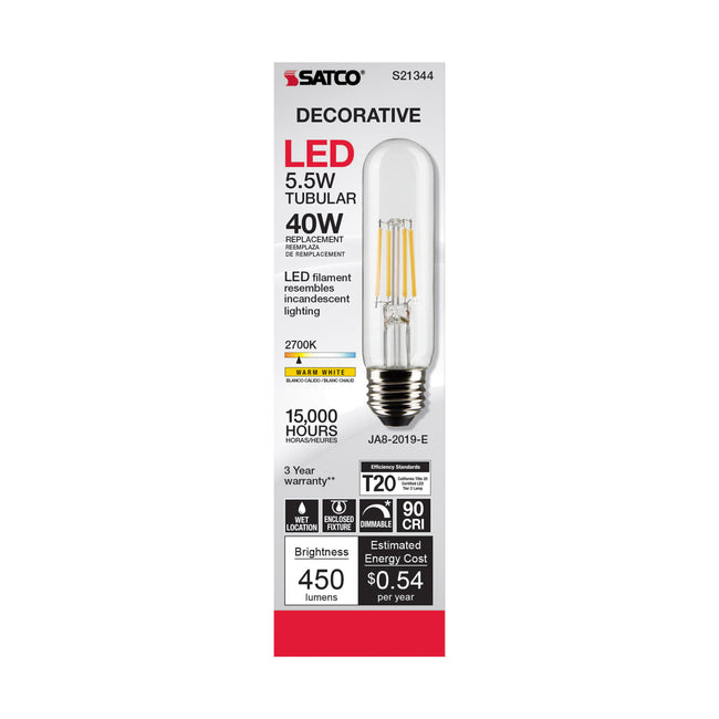 Satco 5.5W (40W Equivalent) T10 Tubular LED Filament Bulb, E26 Medium Base, 2700K, 90+ CRI, Dimmable, Wet Rated, Single (Box), alternate view [Satco-S21344|CUSTOM|2]