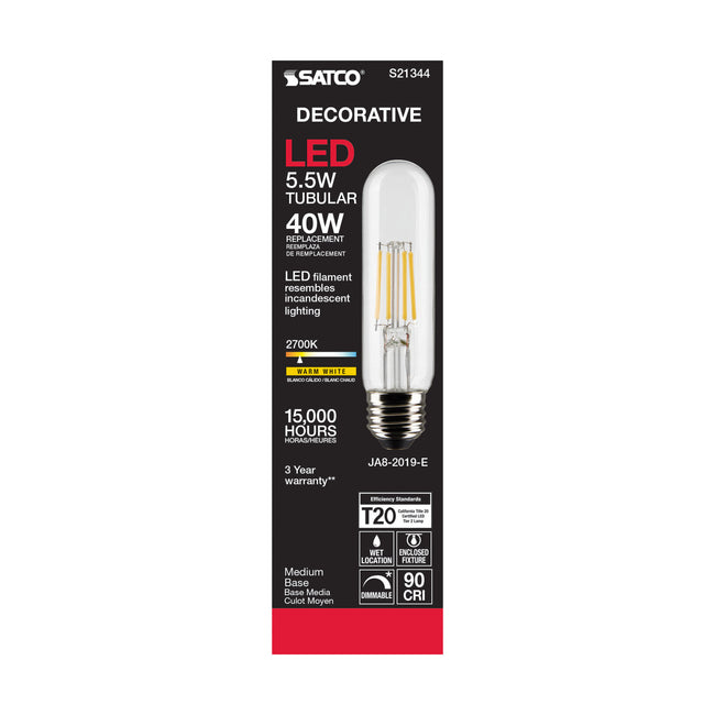 Satco 5.5W (40W Equivalent) T10 Tubular LED Filament Bulb, E26 Medium Base, 2700K, 90+ CRI, Dimmable, Wet Rated, Single (Box), alternate view [Satco-S21344|CUSTOM|3]