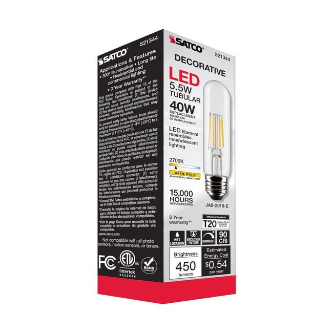 Satco 5.5W (40W Equivalent) T10 Tubular LED Filament Bulb, E26 Medium Base, 2700K, 90+ CRI, Dimmable, Wet Rated, Single (Box), alternate view [Satco-S21344|CUSTOM|6]
