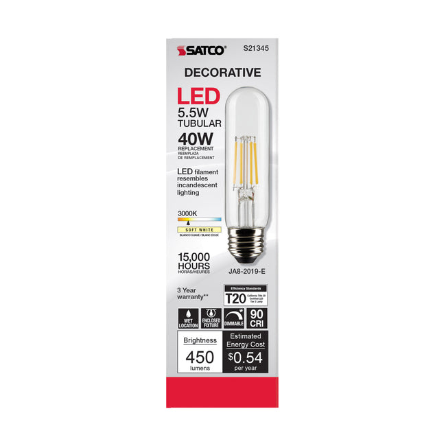 Satco 5.5W (40W Equivalent) T10 Tubular LED Filament Bulb, E26 Medium Base, 3000K, 90+ CRI, Dimmable, Wet Rated, Clear / Single (Box), alternate view [Satco-S21345|CUSTOM|1]