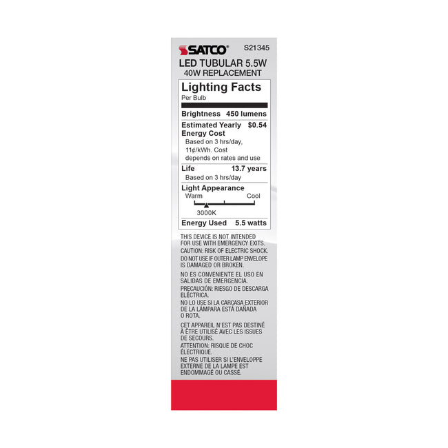 Satco 5.5W (40W Equivalent) T10 Tubular LED Filament Bulb, E26 Medium Base, 3000K, 90+ CRI, Dimmable, Wet Rated, Clear / Single (Box), alternate view [Satco-S21345|CUSTOM|3]