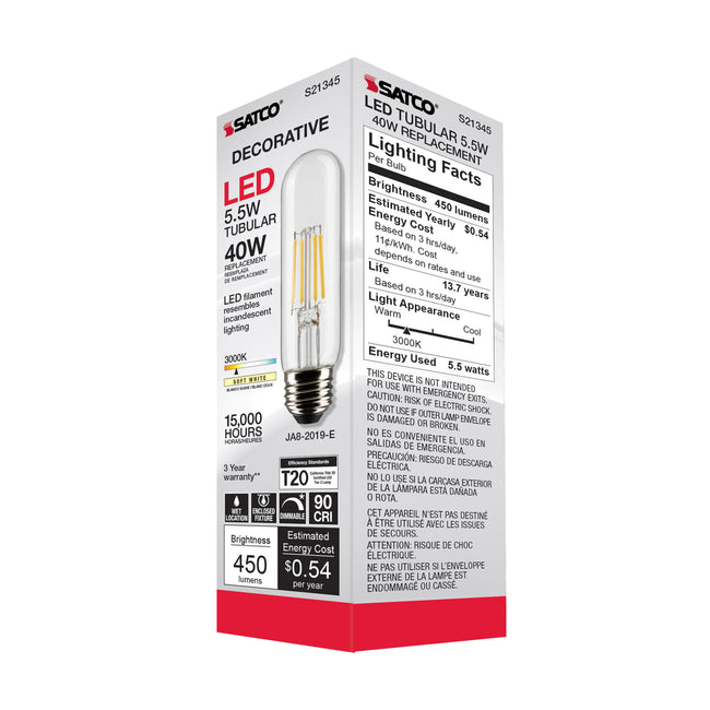 Satco 5.5W (40W Equivalent) T10 Tubular LED Filament Bulb, E26 Medium Base, 3000K, 90+ CRI, Dimmable, Wet Rated, Clear / Single (Box), alternate view [Satco-S21345|CUSTOM|4]