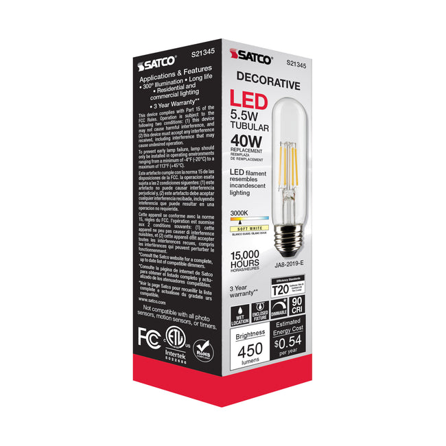 Satco 5.5W (40W Equivalent) T10 Tubular LED Filament Bulb, E26 Medium Base, 3000K, 90+ CRI, Dimmable, Wet Rated, Clear / Single (Box), alternate view [Satco-S21345|CUSTOM|5]