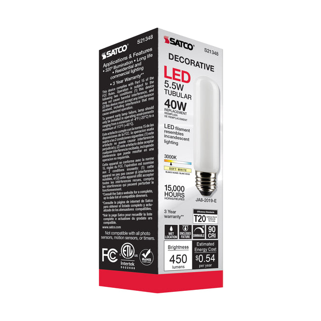 Satco 5.5W (40W Equivalent) T10 Tubular LED Filament Bulb, E26 Medium Base, 3000K, 90+ CRI, Dimmable, Wet Rated, Frost / Single (Box), alternate view [Satco-S21348|CUSTOM|4]