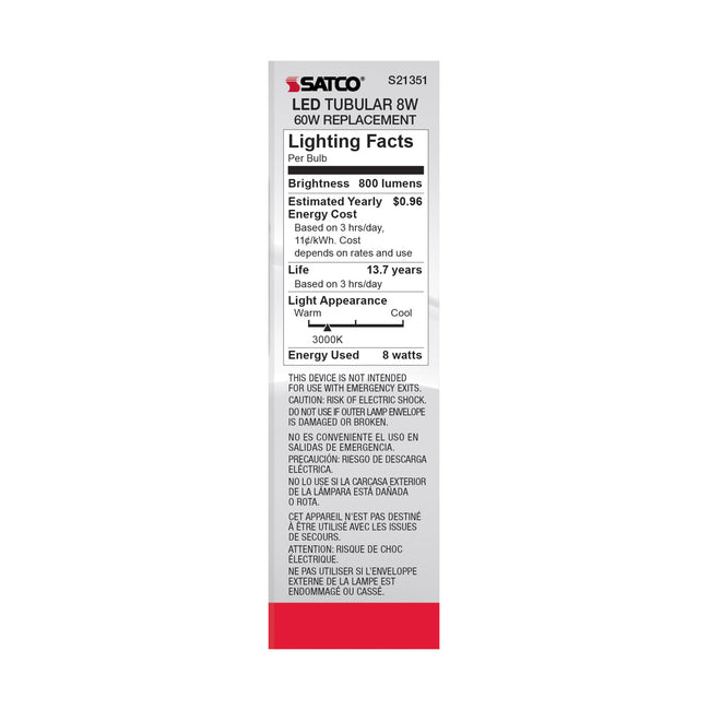 Satco 8W (60W Equivalent) T10 Tubular LED Filament Bulb, E26 Medium Base, 3000K, 90+ CRI, Dimmable, Wet Rated, Clear, alternate view [Satco-S21351|CUSTOM|3]
